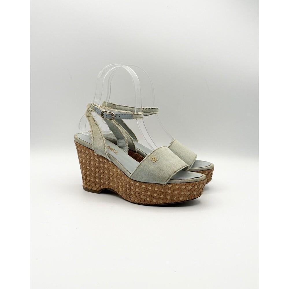 Chanel Light Blue Denim Raffia Platform Wedge Ankle Strap Sandals Size EU 35